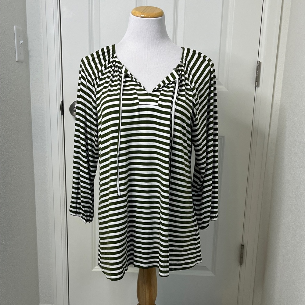 LuLaRoe Debra Peasant Top Large 12-14 Olive Green Ivory Stripe Tie Neck